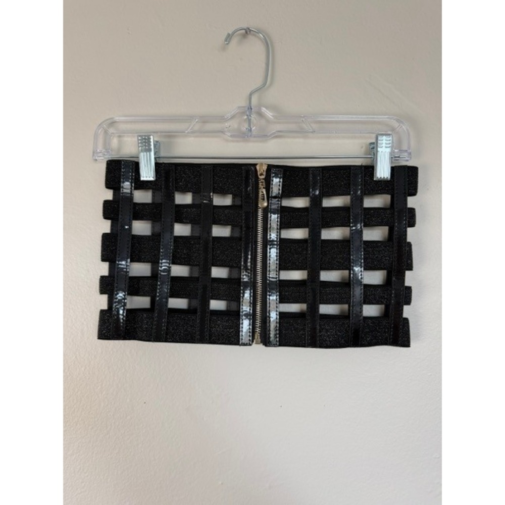Black Cage Bandeau Tube Top Glitter Patent Faux Leather Zip Front Festival Rave